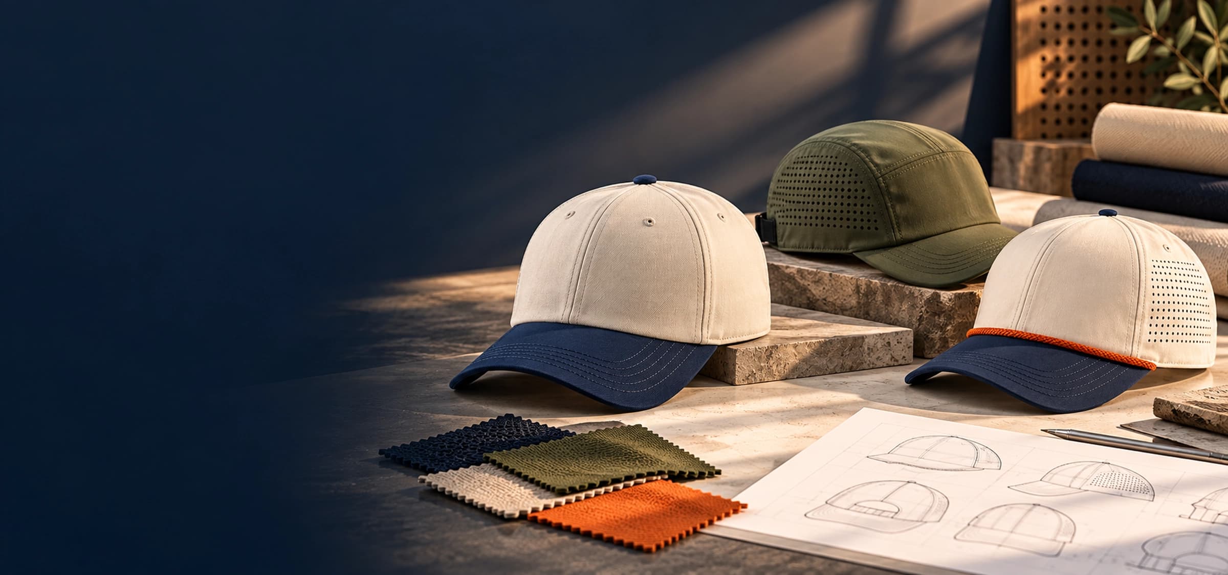 Custom caps, fabric swatches and headwear design sketches prepared for product development