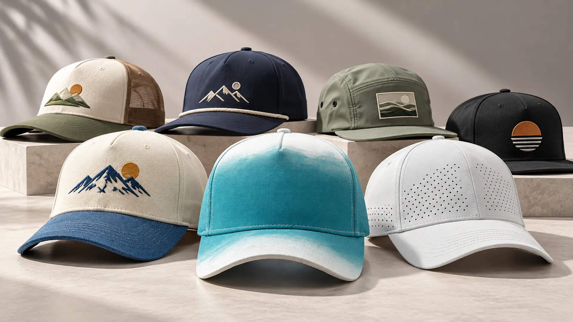 A selection of custom caps displayed in different colors, fabrics and branded designs